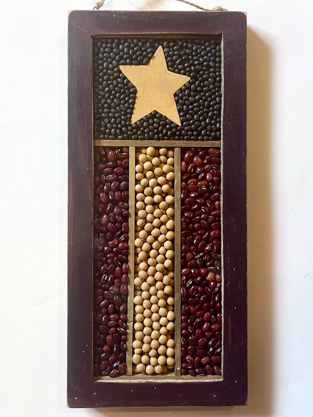 Primitive Americana Star Wall Hanging with Bean Inlay - Brown, Tan, Black